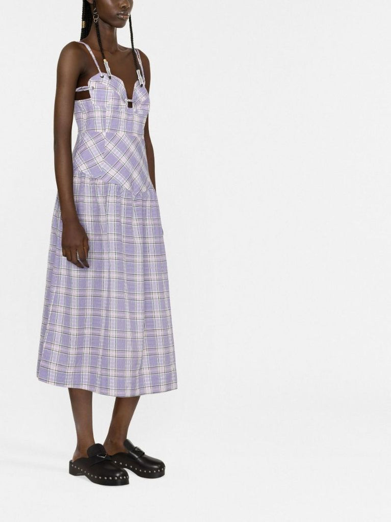 Purple Sweetheart Neck Checked Seersucker Midi Dress