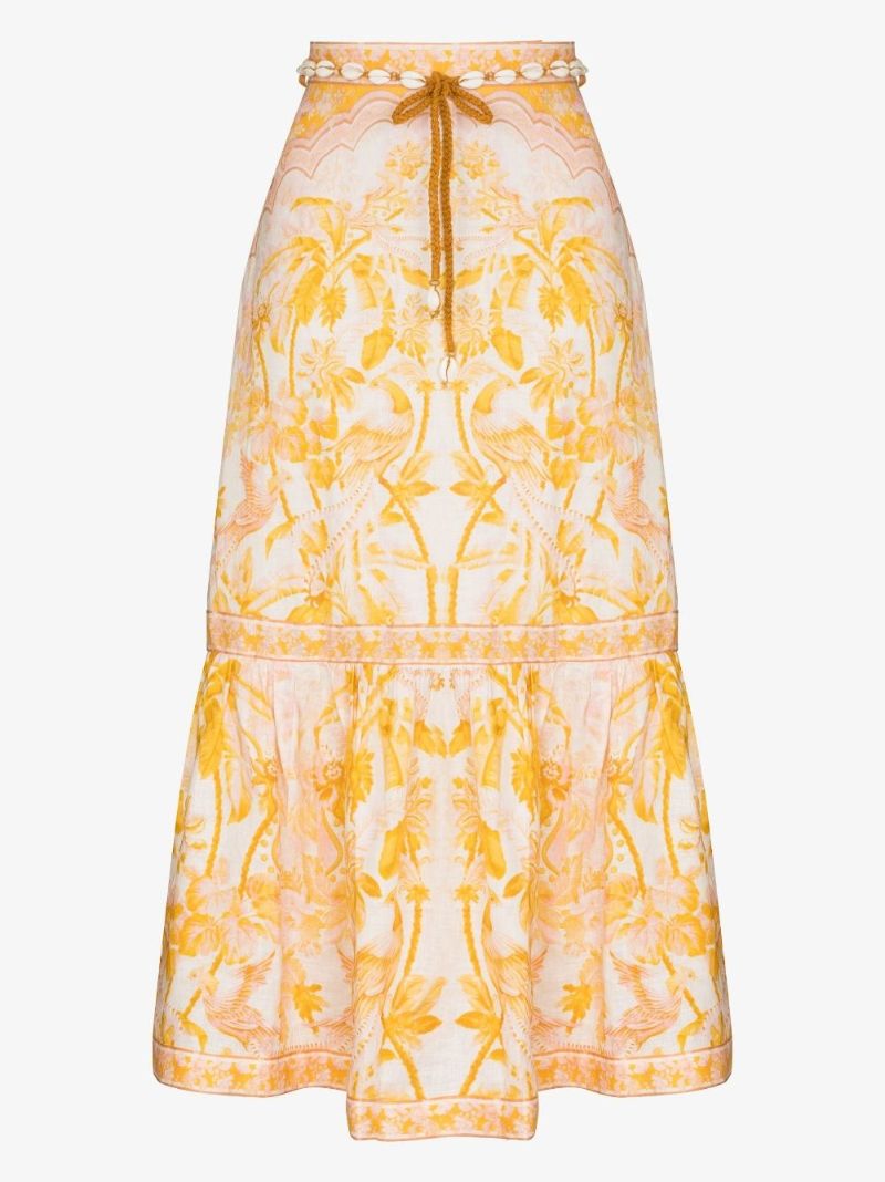 Yellow Lyre Linen Midi Skirt