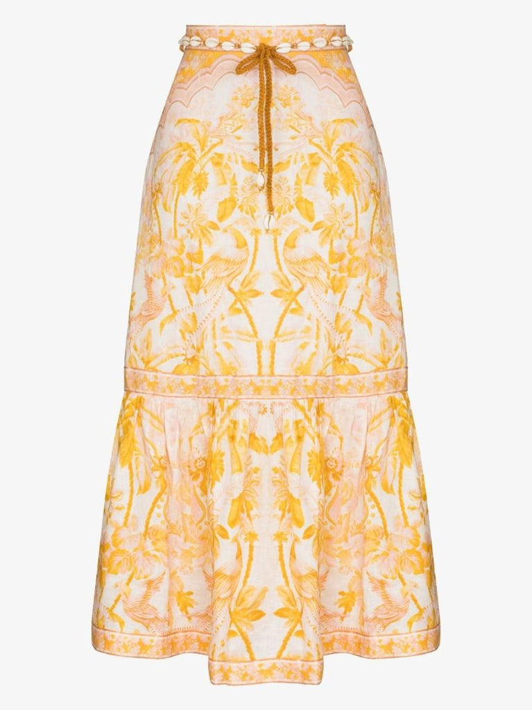 Yellow Lyre Linen Midi Skirt