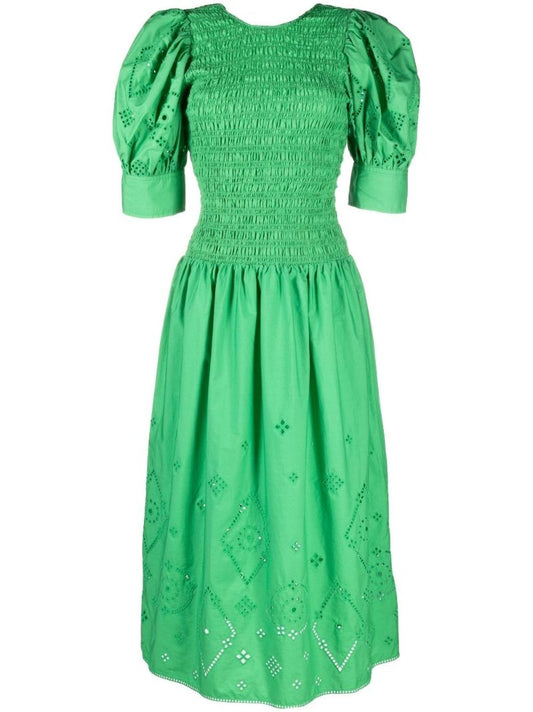 Green Organic Cotton Broderie Anglaise Midi Dress