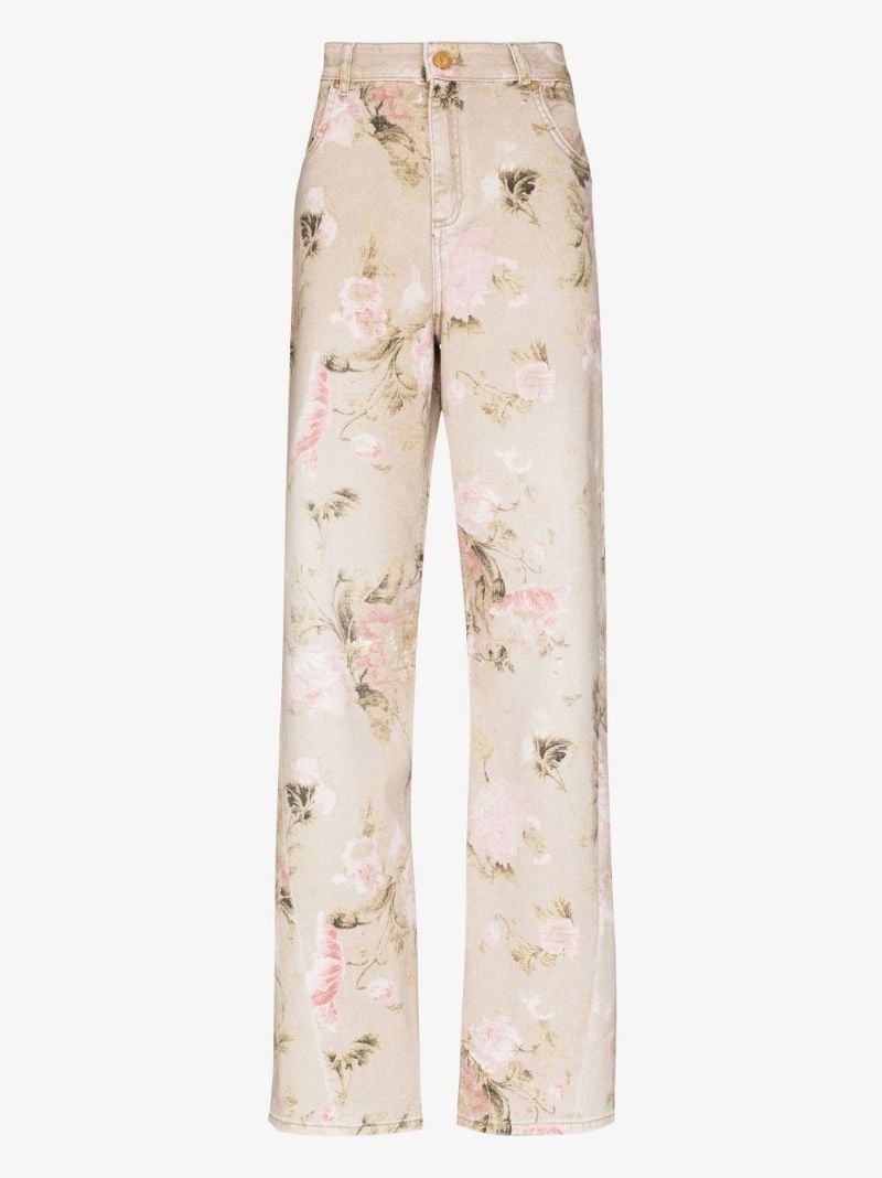 Neutral Floral Printed Boyfriend Jeans