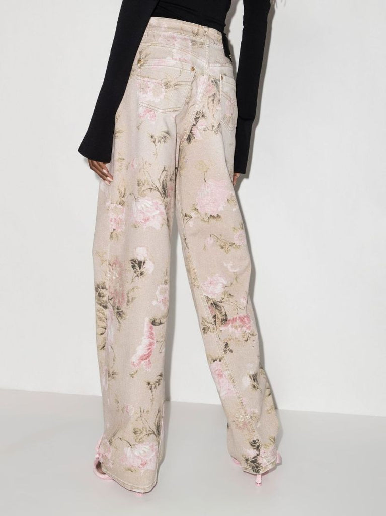 Neutral Floral Printed Boyfriend Jeans