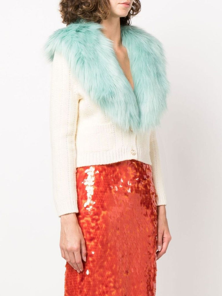 White Faux Fur Collar Cardigan