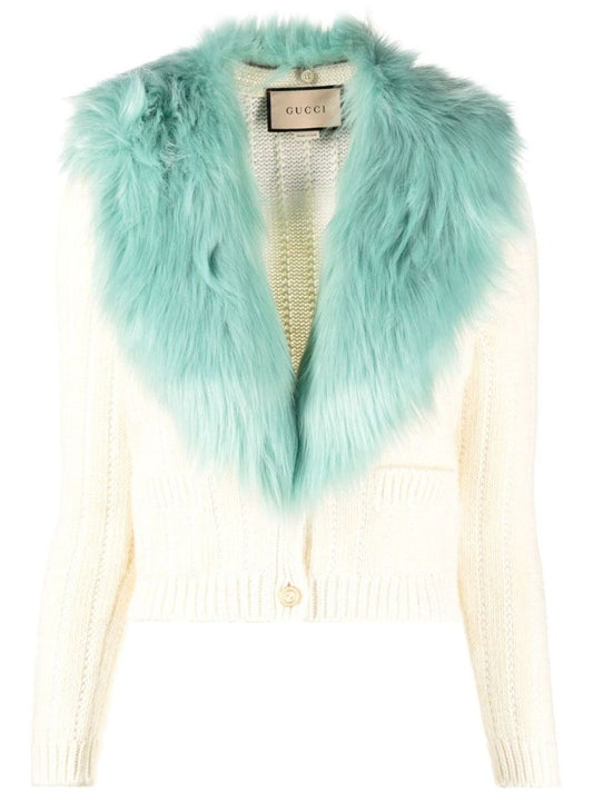 White Faux Fur Collar Cardigan