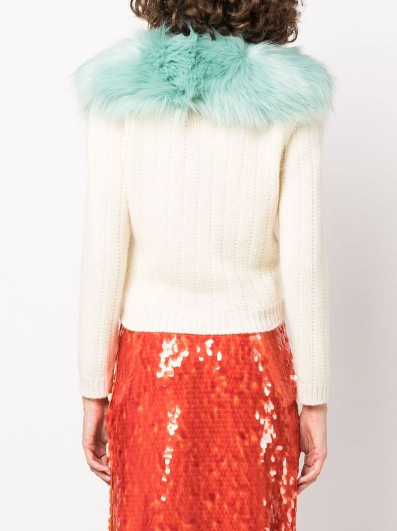 White Faux Fur Collar Cardigan