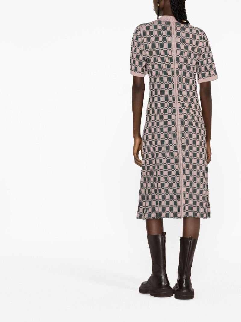 Pink Geometric Jacquard Midi Dress