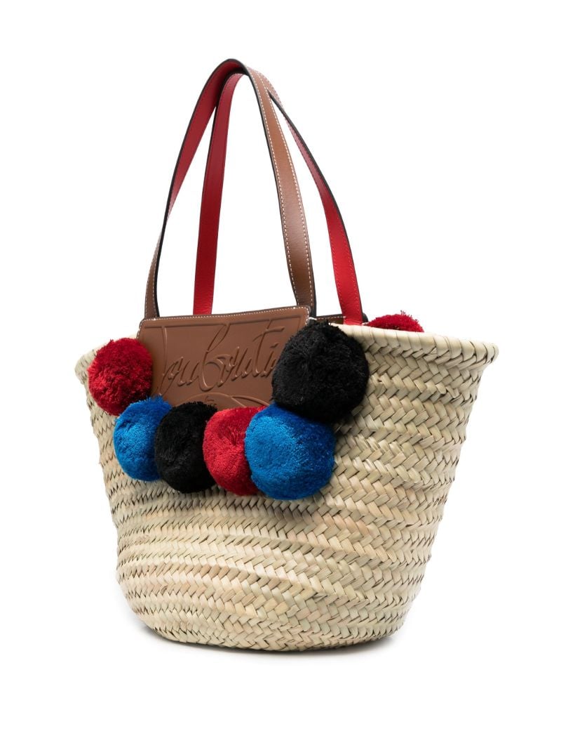 Neutral Loubishore Raffia Pom-pom Tote Bag