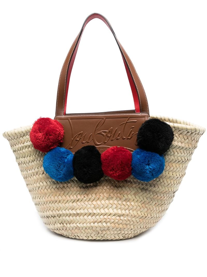 Neutral Loubishore Raffia Pom-pom Tote Bag