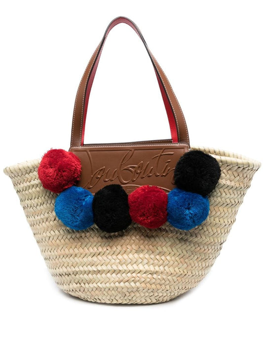 Neutral Loubishore Raffia Pom-pom Tote Bag