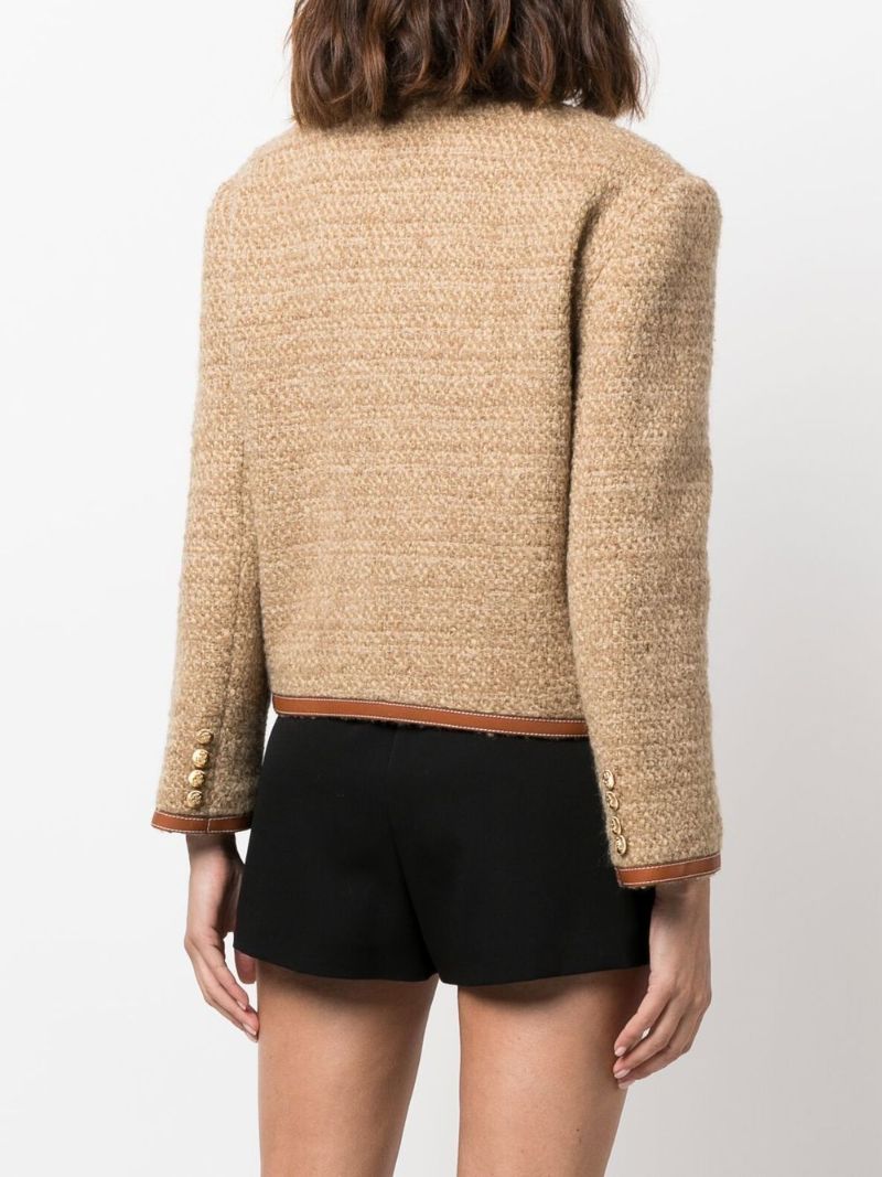 Beige Leather-trim Tweed Jacket