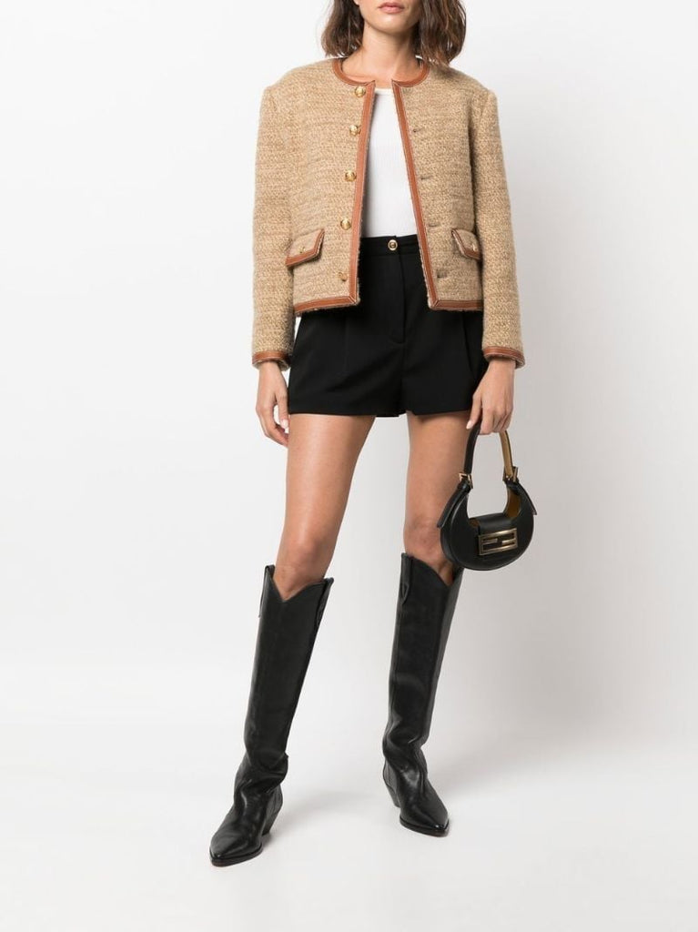 Beige Leather-trim Tweed Jacket