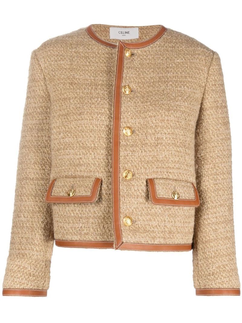 Beige Leather-trim Tweed Jacket