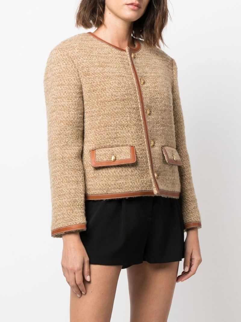 Beige Leather-trim Tweed Jacket