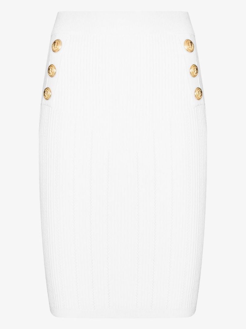 White Button Trim High Waist Knitted Skirt