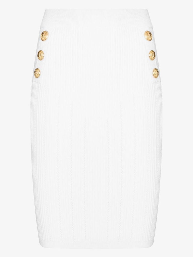 White Button Trim High Waist Knitted Skirt