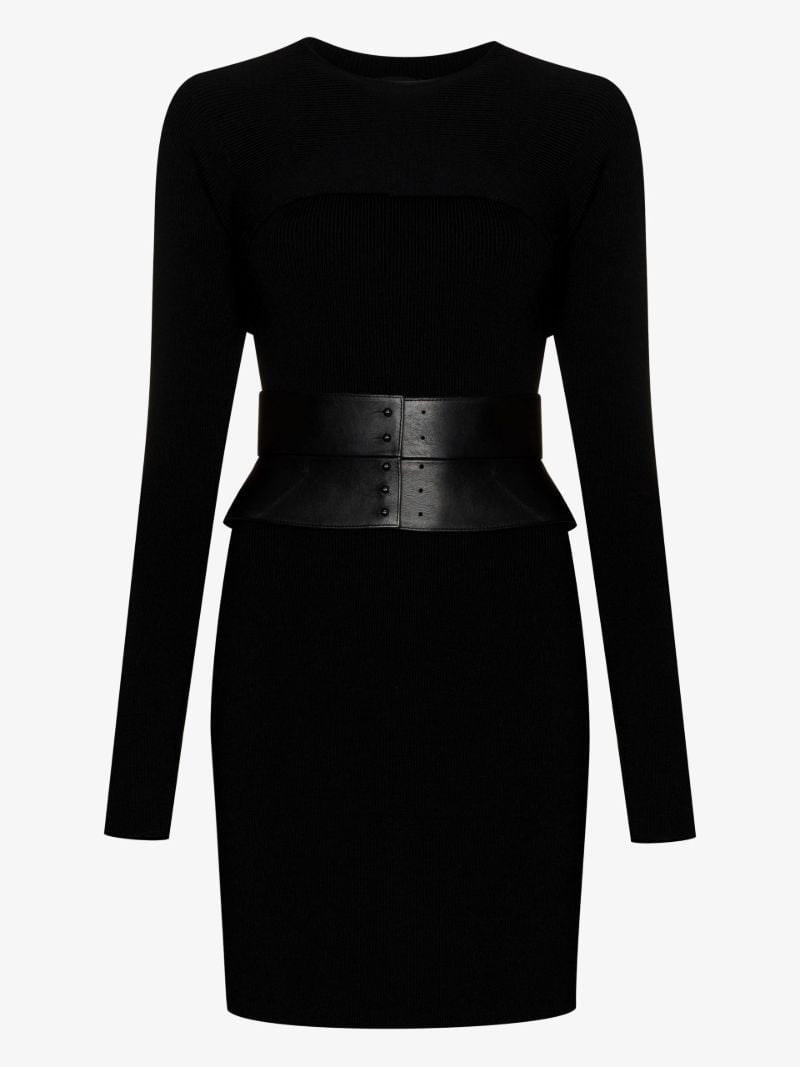Black Belted Virgin Wool Mini Dress Set