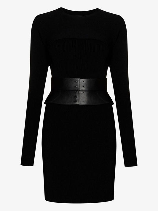Black Belted Virgin Wool Mini Dress Set