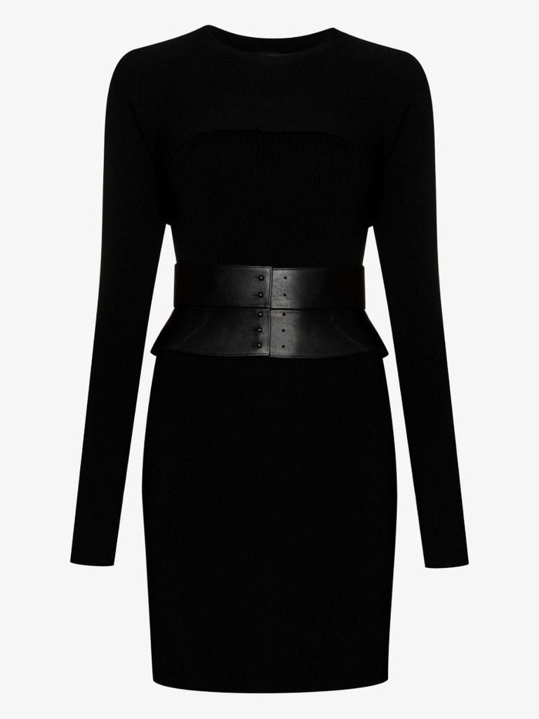 Black Belted Virgin Wool Mini Dress Set