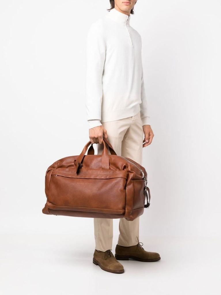 Brown Logo Embossed Leather Duffle Bag