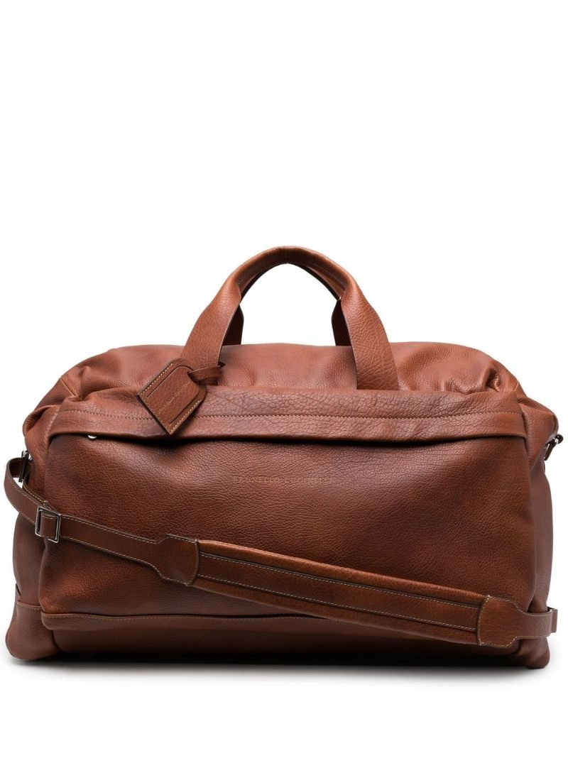 Brown Logo Embossed Leather Duffle Bag