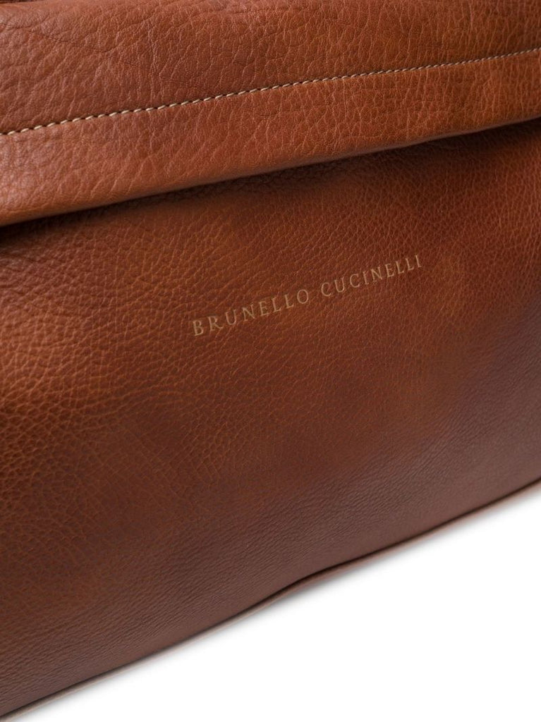 Brown Logo Embossed Leather Duffle Bag