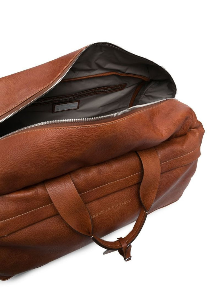 Brown Logo Embossed Leather Duffle Bag