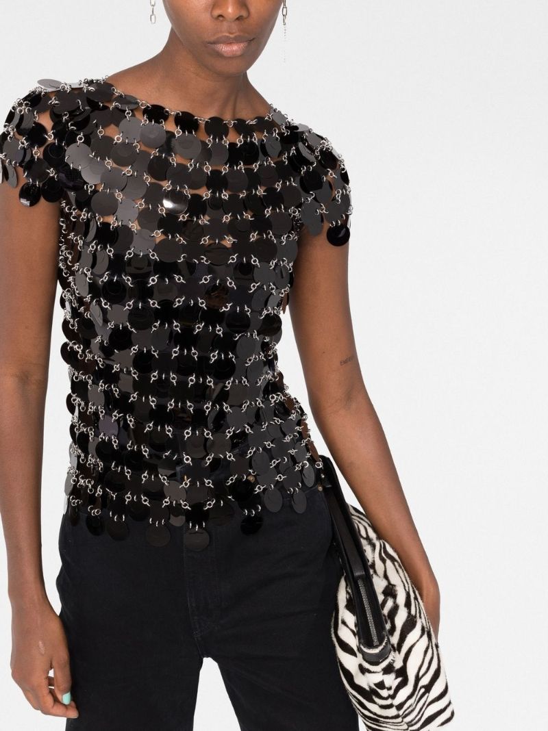 Black Paillette Disc Short Sleeve Top