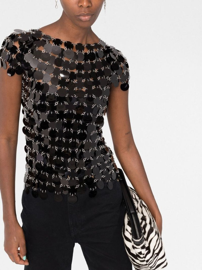 Black Paillette Disc Short Sleeve Top