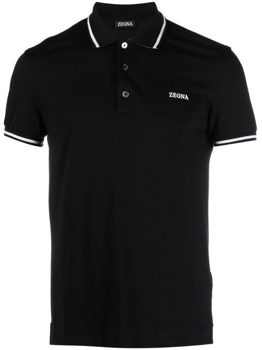 Black Logo Embroidered Cotton Polo Shirt