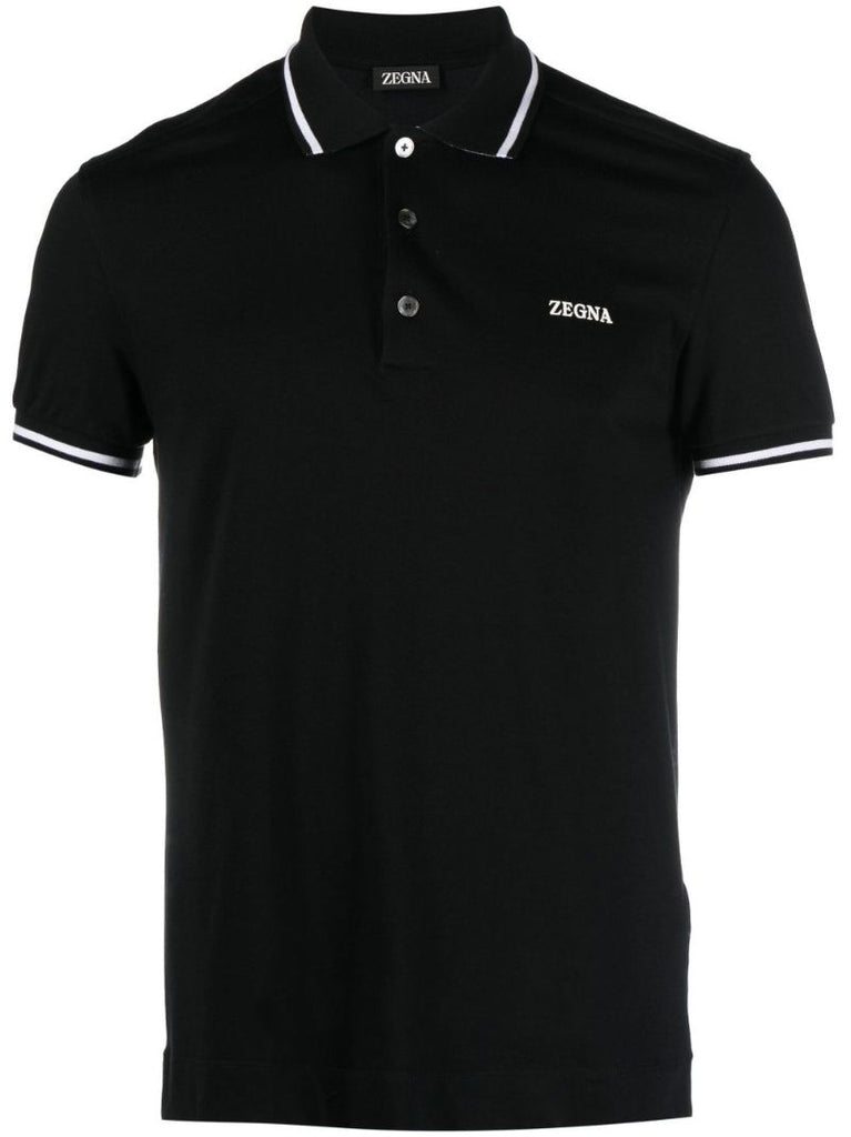 Black Logo Embroidered Cotton Polo Shirt