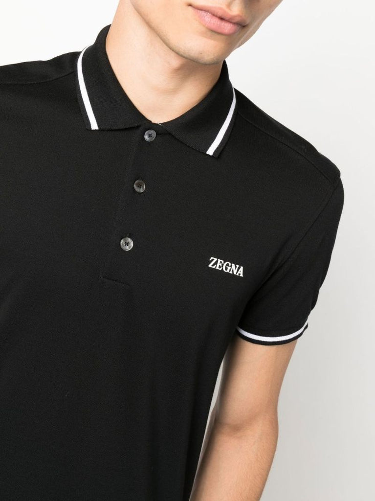 Black Logo Embroidered Cotton Polo Shirt