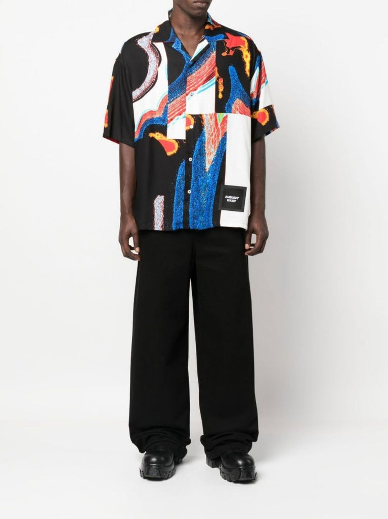 Black Abstract Print Bowling Shirt