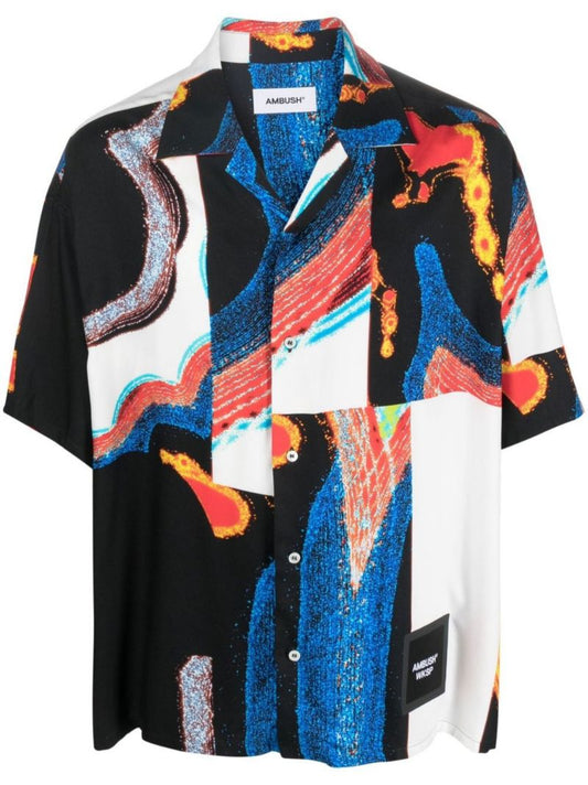 Black Abstract Print Bowling Shirt
