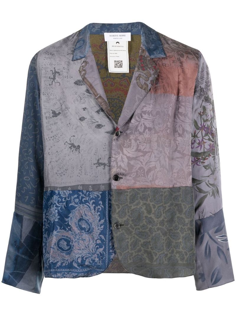 Grey Scarves Patchwork Silk Blouse