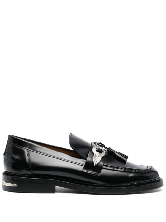 Black Embellished Leather Loafers