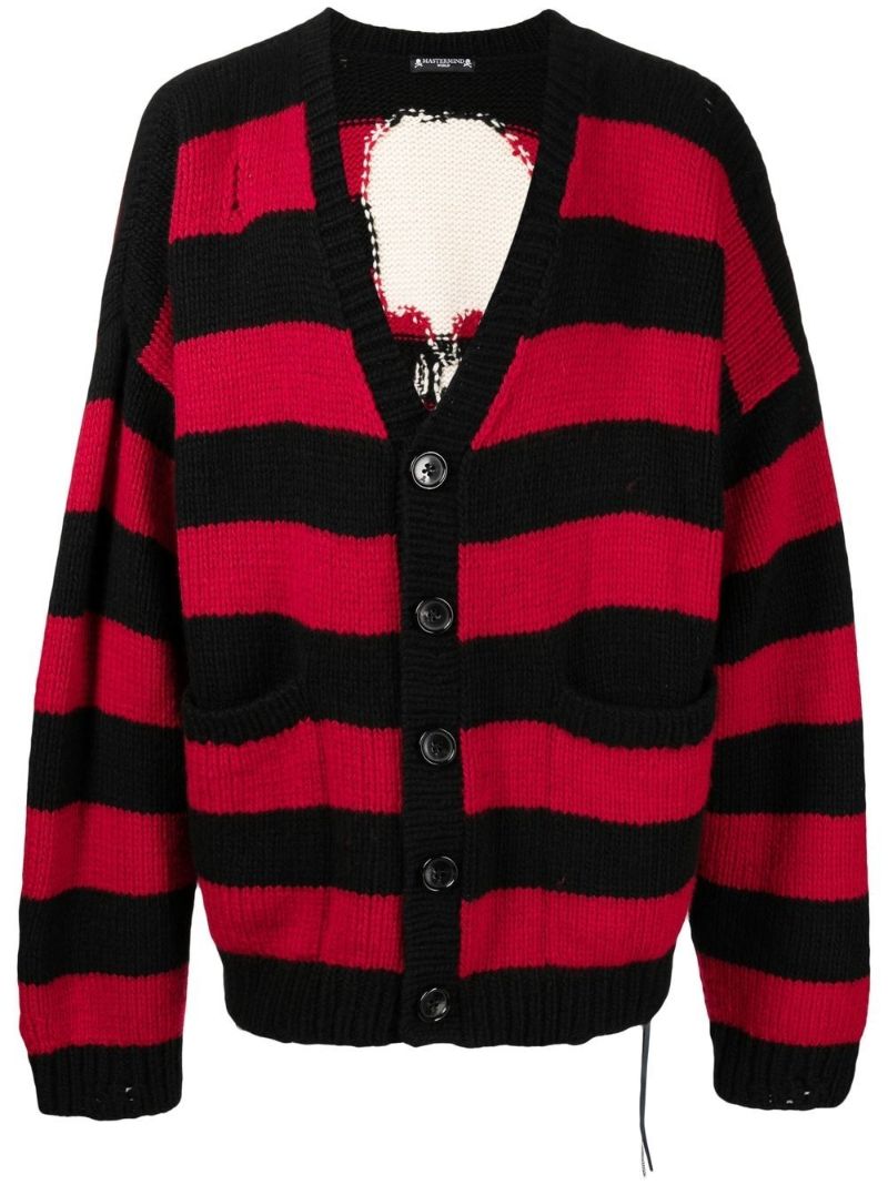 Red Striped Inarsia Skull Cardigan