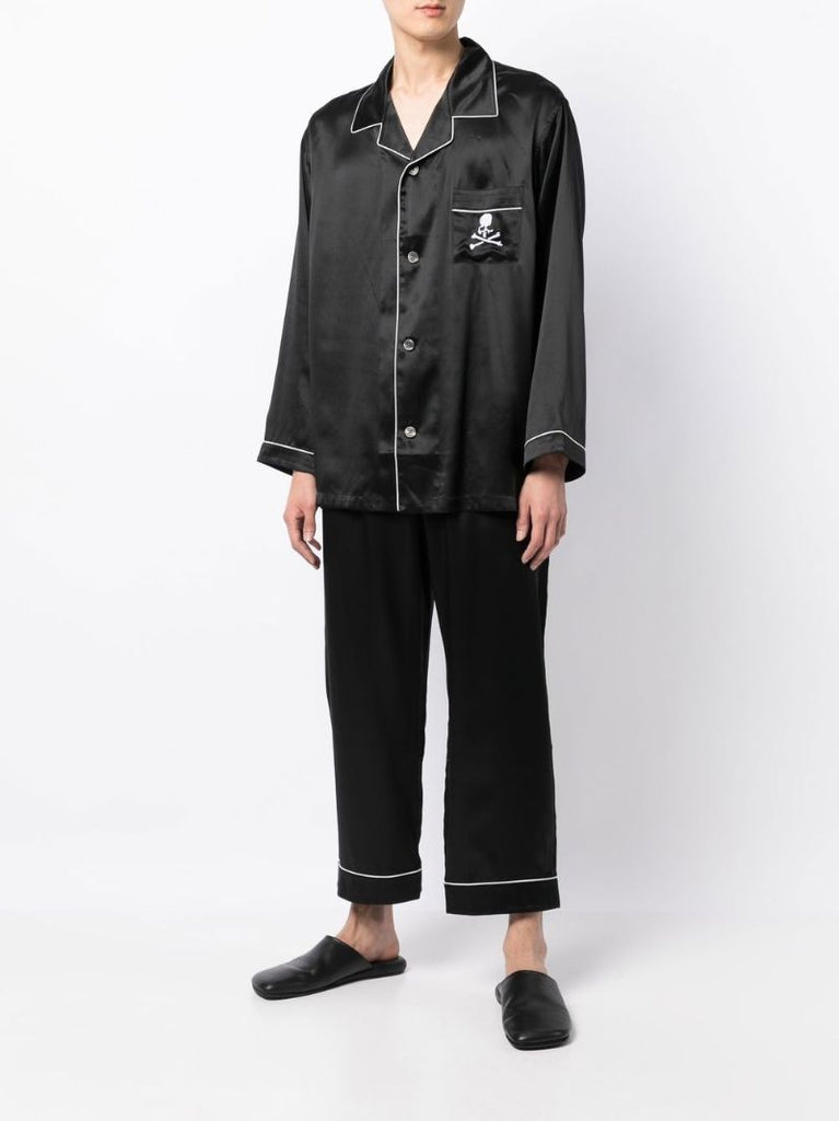 Black Skull Embroidered Silk Pyjamas