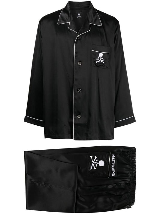 Black Skull Embroidered Silk Pyjamas