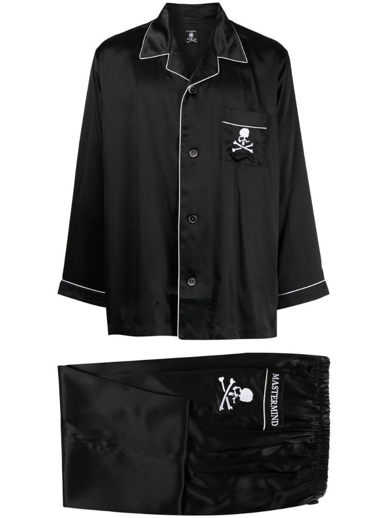 Black Skull Embroidered Silk Pyjamas