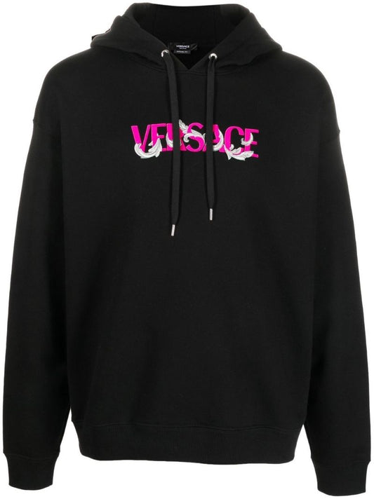Black Logo Embroidered Drawstring Hoodie
