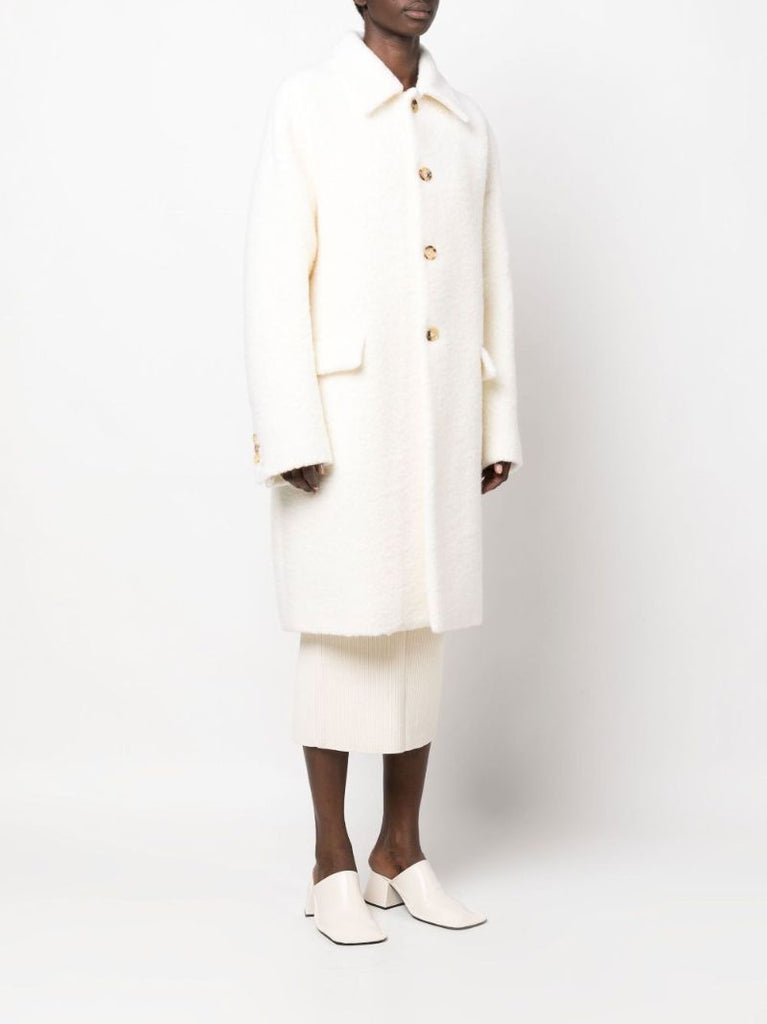 White Single-breasted Fluffy Wool Coat