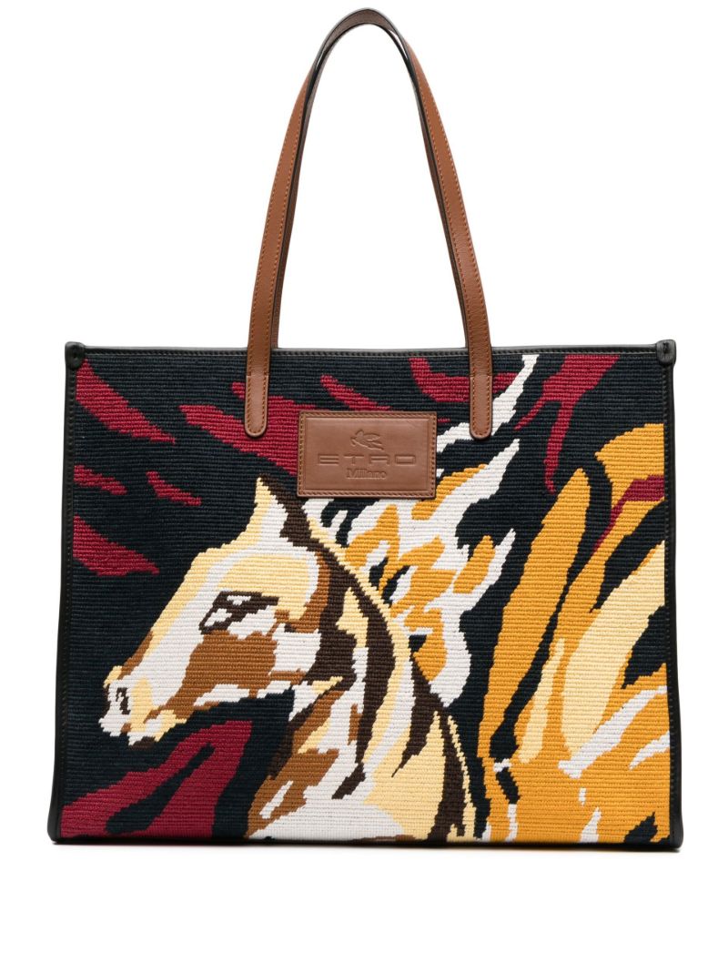 Black Embroidered Horse Tote Bag