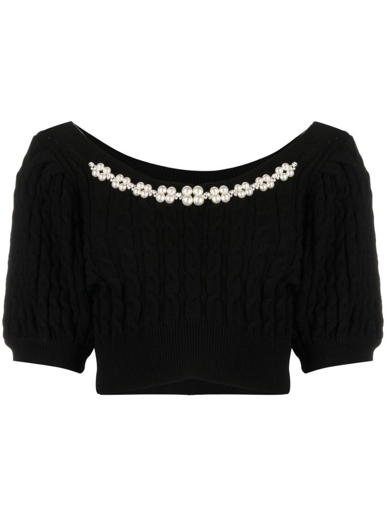 Black Embellished Cable Knit Crop Top