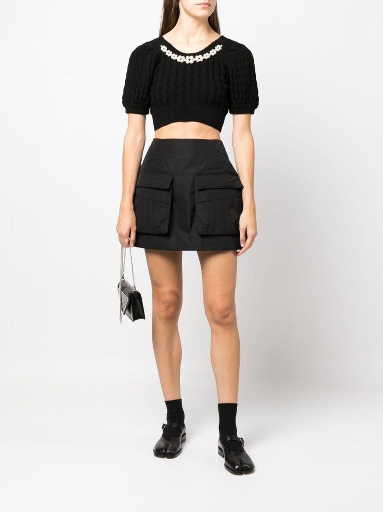 Black Embellished Cable Knit Crop Top