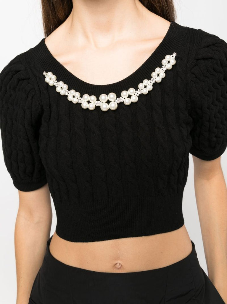 Black Embellished Cable Knit Crop Top
