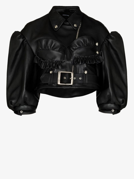 Black Cropped Leather Biker Jacket