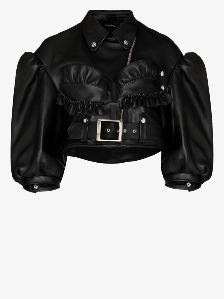 Black Cropped Leather Biker Jacket