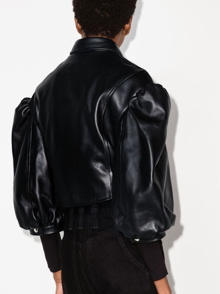 Black Cropped Leather Biker Jacket