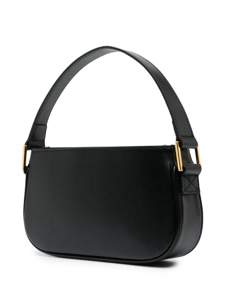 Black Rhinestone Logo Leather Shoulder Bag