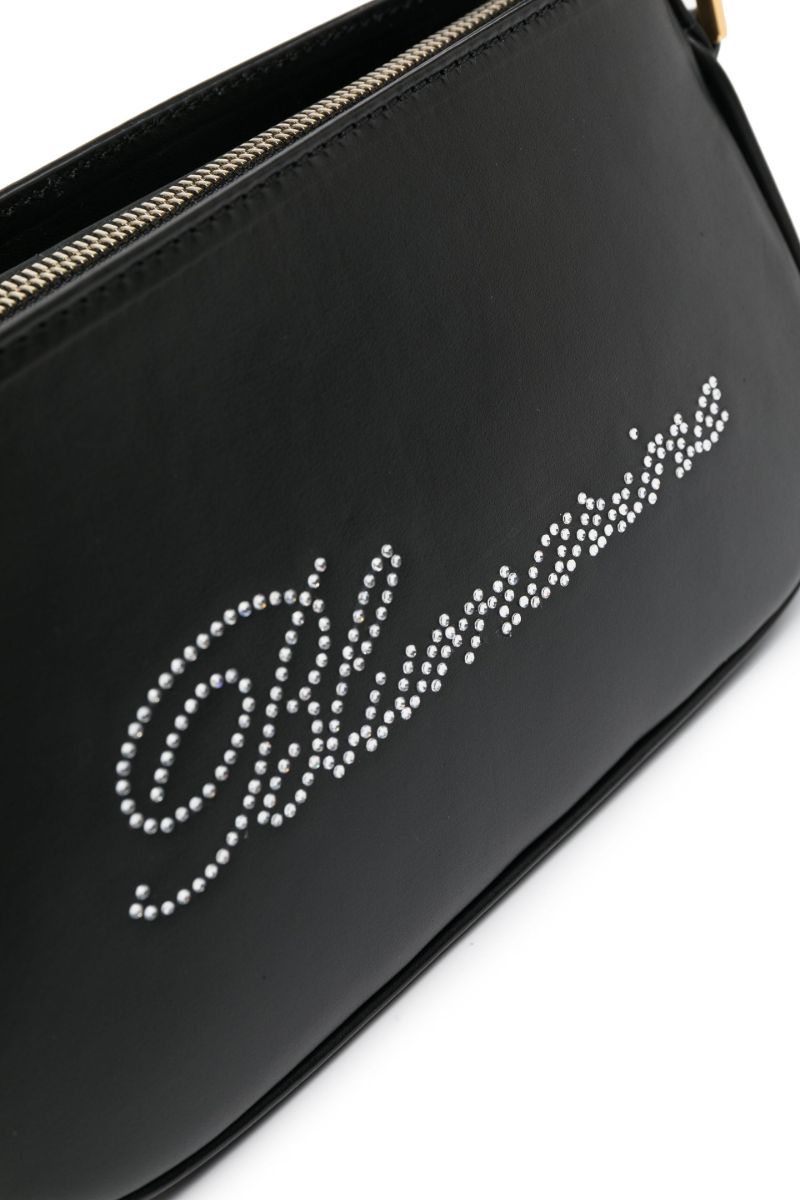 Black Rhinestone Logo Leather Shoulder Bag